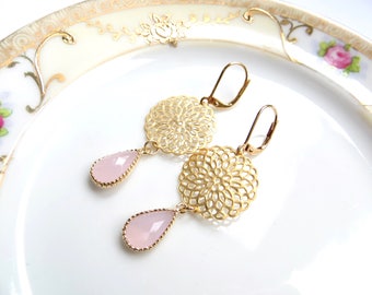 Rose Quartz Dangling Earrings, Long Pink Earrings on Hypo Allergenic Leverback Hooks, Bridal Earrrings