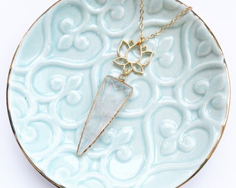 Quartz Lotus Necklace in Gold, Long Necklace, Triangle Quartz Pendant, Gemstone Necklace