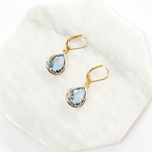 Aquamarine Teardrop Earrings In Gold, Gold Pear Earrings with Leverback Hypo Allergenic Hooks, March Birthstone, Blue Crystal