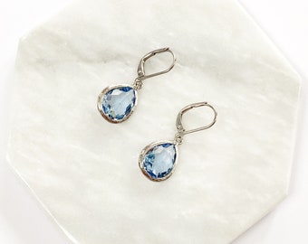 Aquamarine Teardrop Earrings In Silver, Gold Pear Earrings with Leverback Hypo Allergenic Hooks, March Birthstone, Crystal, Stainless Steel