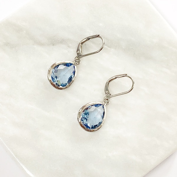 Aquamarine Teardrop Earrings In Silver, Gold Pear Earrings with Leverback Hypo Allergenic Hooks, March Birthstone, Crystal, Stainless Steel