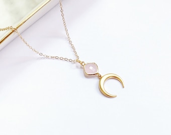 Rose Quartz Moon Necklace in Gold, Geuine Rose Quartz Gemstone, Charm Necklace, Crescent Moon Pendant