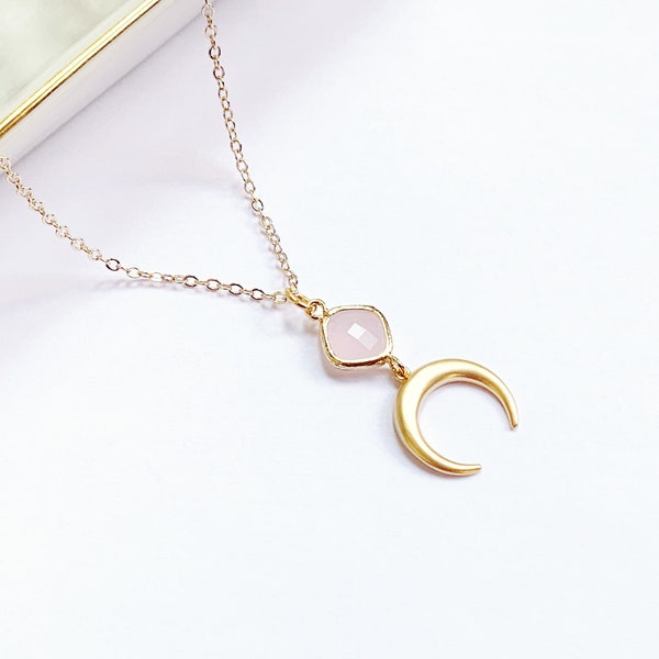 Rose Quartz Moon Necklace in Gold, Geuine Rose Quartz Gemstone, Charm Necklace, Crescent Moon Pendant