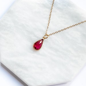 Ruby Red Teardrop Necklace Pendant, July Birthstone Necklace, Simple Pear Pendant