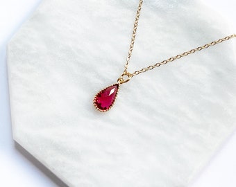 Ruby Red Teardrop Necklace Pendant, July Birthstone Necklace, Simple Pear Pendant