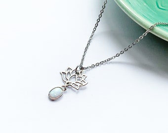 Opal Lotus Necklace in Silver, Delicate Layering Necklace, Everyday Minimalist Jewelry