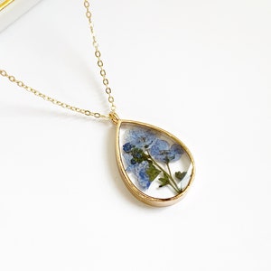 Forget Me Not Necklace, Pressed Flower Necklace, Real Flower Jewelry, Blue Flower Necklace in Gold