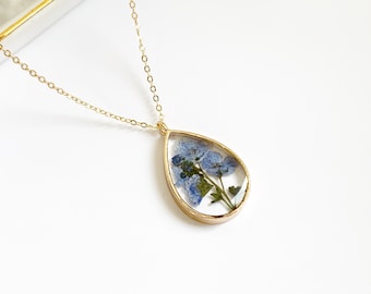 Forget Me Not Necklace, Pressed Flower Necklace, Real Flower Jewelry, Blue Flower Necklace in Gold