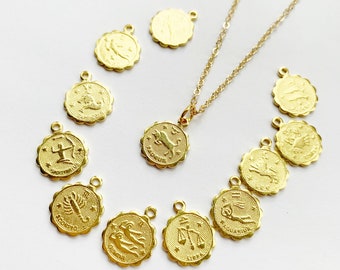 Delicate Zodiac Necklace In Gold, Gold Zodiac Pendant, Personalized Gift