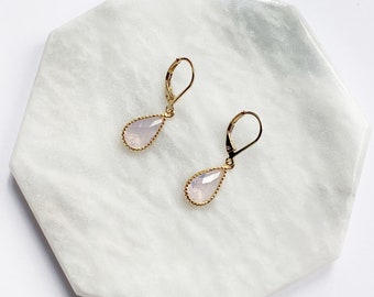 Opal Teardrop Earrings In Gold, Gold Pear Earrings with Leverback Hypo Allergenic Hooks, Bridesmaids Gift, October Birthstone, Pink Opal