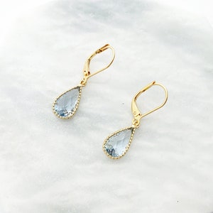 Aquamarine Teardrop Earrings In Gold, Gold Pear Earrings with Leverback Hypo Allergenic Hooks, March Birthstone, Blue Crystal