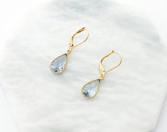 Aquamarine Teardrop Earrings In Gold, Gold Pear Earrings with Leverback Hypo Allergenic Hooks, March Birthstone, Blue Crystal