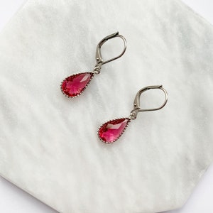 Ruby Teardrop Earrings In Silver, Pear Earrings with Leverback Hypo Allergenic Hooks, Bridesmaids Gift, July Birthstone