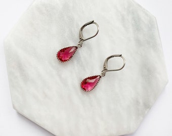 Ruby Teardrop Earrings In Silver, Pear Earrings with Leverback Hypo Allergenic Hooks, Bridesmaids Gift, July Birthstone