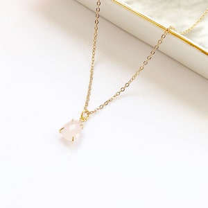 Tiny Rose Quartz Necklace in 14 kt Gold Plate, Small Gemstone Necklace, Pink Semi Precious Stone, Nugget Pendant