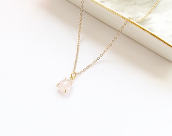 Tiny Rose Quartz Necklace in 14 kt Gold Plate, Small Gemstone Necklace, Pink Semi Precious Stone, Nugget Pendant