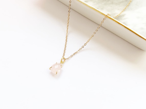 Tiny Rose Quartz Necklace in 14 Kt Gold Plate Small Gemstone