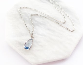 Aquamarine Teardrop Necklace Pendant, March Birthstone Necklace, Simple Pear Pendant, Blue Crystal Pendant, Stainless Steel