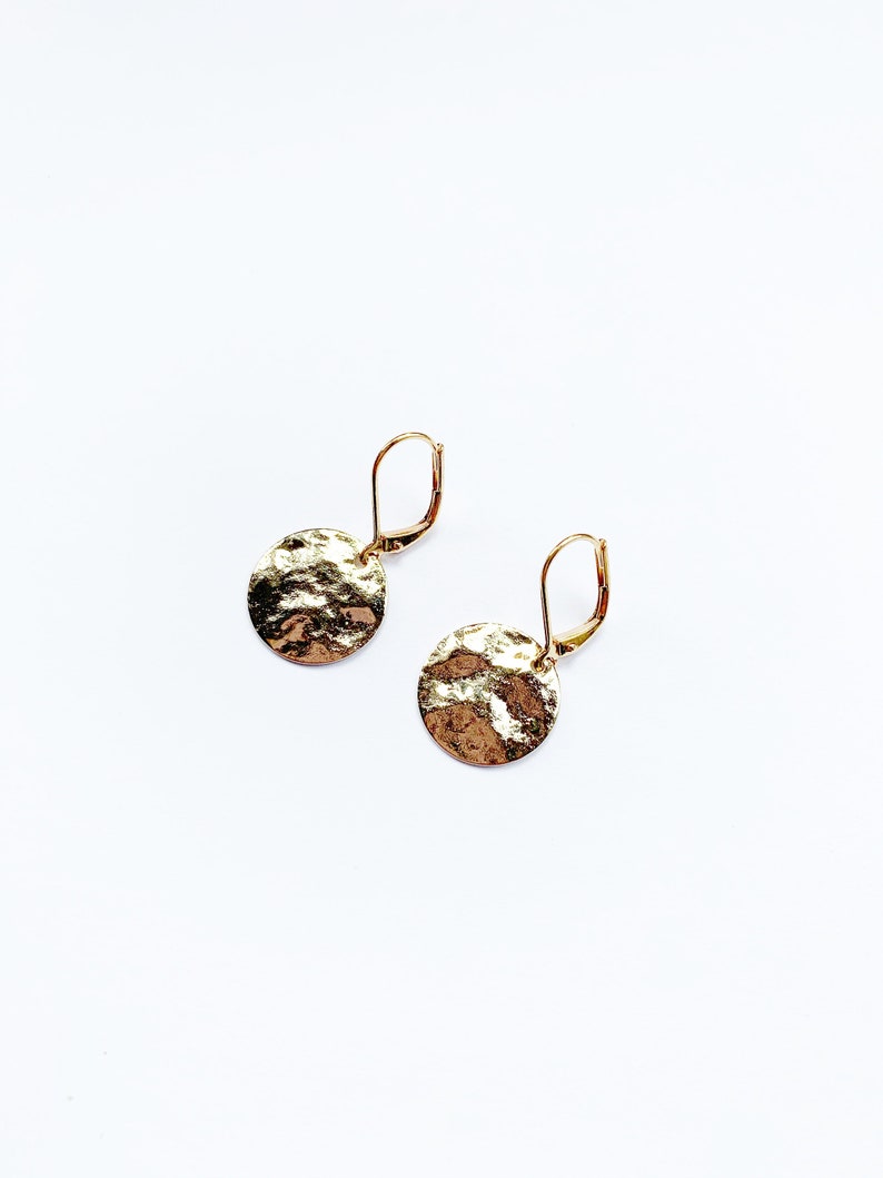 Hammered Disc Gold Earrings, Dangly Round Earrings, Hypo Allergenic Leverback Hooks, Disks image 9