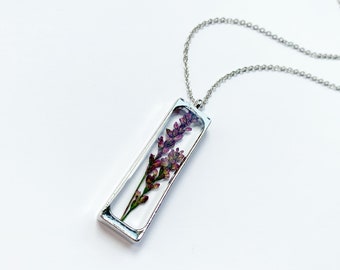 Pressed Flower Necklace, Dried Lavender Pendant In Stainless Steel, Preserved Flower Jewelry