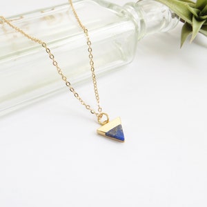Small Triangle Necklace In Gold, Blue Triangle, Lapis Lazuli, Delicate Everyday Necklace, Geometric Pointed Pendant With Semi Precious Stone