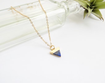 Small Triangle Necklace In Gold, Blue Triangle, Lapis Lazuli, Delicate Everyday Necklace, Geometric Pointed Pendant With Semi Precious Stone