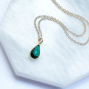 Emerald Teardrop Necklace Pendant, May Birthstone Necklace, Simple Pear Pendant, Green Crystal