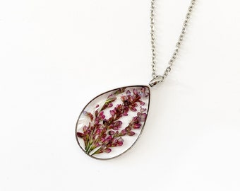 Dried Lavender Necklace In Silver, Pressed Flower Necklace, Preserved Flower Jewelry