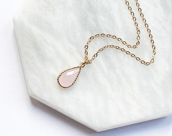 Rose Quartz Teardrop Necklace Pendant, Minimalist Necklace, Simple Pear Pendant, Dainty Jewelry