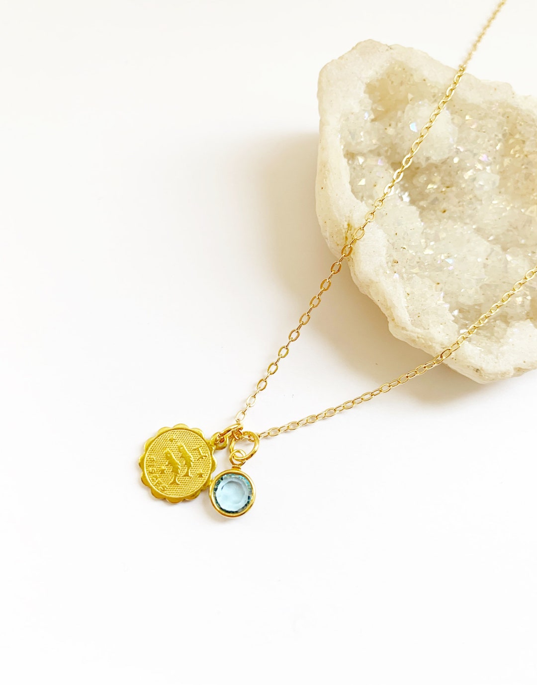 Zodiac Birthstone Necklace Gold Gold Zodiac Pendant Etsy