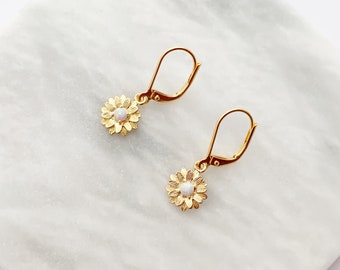 Sunflower Earrings with Opal, Gold Opal Earrings, Flower Earrings, October Birthstone