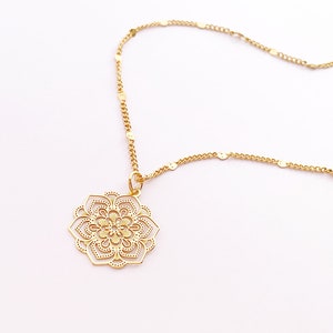 Gold Mandala Necklace, Stainless Steel, Flat Disc Curb Chain, 14kt Gold Vermeil Sterling Silver, Balance Necklace