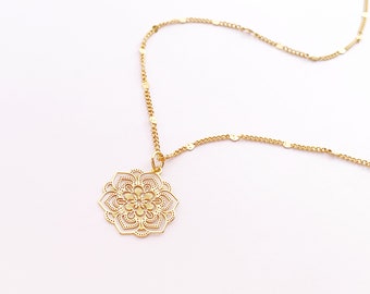 Gold Mandala Necklace, Stainless Steel, Flat Disc Curb Chain, 14kt Gold Vermeil Sterling Silver, Balance Necklace