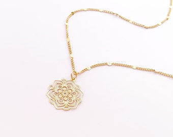 Gouden Mandala ketting, roestvrij staal, platte schijf-kinketting, 14kt goud Vermeil sterling zilver, balansketting