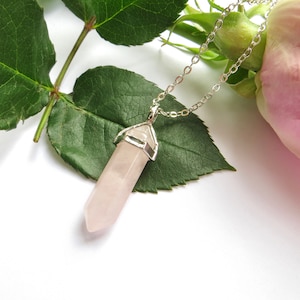 Rose Quartz Pendulum Gemstone Necklace, Pink Pendant, Silver Necklace, Genuine Stone