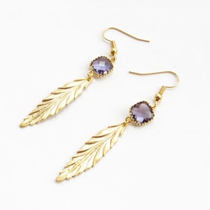 Gold Leaf Earrings With Purple Gems, Long Dangly Earrings, Feather Earrings, Amethyst February Birthstone