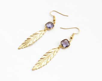 Gold Leaf Earrings With Purple Gems, Long Dangly Earrings, Feather Earrings, Amethyst February Birthstone