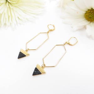 Geometric Gold Earrings With Black Marble Howlite Gems, Hexagon Earrings, Long Dangle Earrings, Triangle Earrings