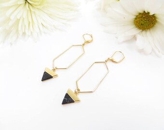 Geometric Gold Earrings With Black Marble Howlite Gems, Hexagon Earrings, Long Dangle Earrings, Triangle Earrings