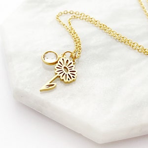 April Birth Month Flower Birthstone Necklace, Gold Flower Necklace, Personalized Gift, Custom Jewelry, Daisy, Diamond, Waterproof Jewelry