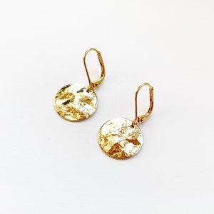 Hammered Disc Gold Earrings, Dangly Round Earrings, Hypo Allergenic Leverback Hooks, Disks image 2