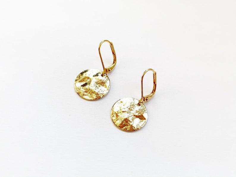 Hammered Disc Gold Earrings, Dangly Round Earrings, Hypo Allergenic Leverback Hooks, Disks image 2