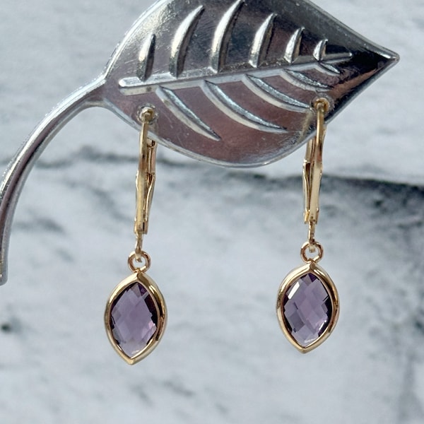 Amethyst Birthstone Earrings, Dainty Dangle Earrings, February Birthstone Earrings, Purple Crystal Earrings, Gold Stainless Steel