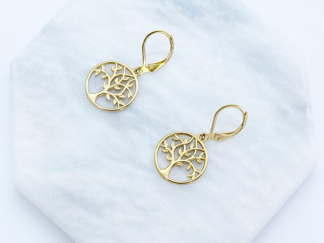 Gold Tree of Life Earrings: Stainless Steel Dangle Earrings