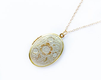 Gold Oval Locket With Ornate Design, White Locket, Antique Style Locket, Designer Locket, Vintage Style Locket