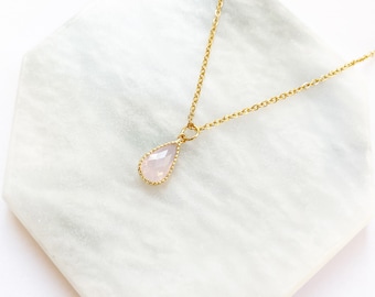 Pink Opal Teardrop Necklace Pendant, October Birthstone Necklace, Simple Pear Pendant, Opal Crystal Pendant