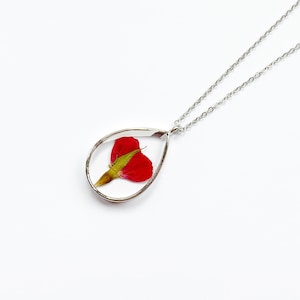 Red Rose Necklace, Pressed Flower Necklace, Rose Pendant, Real Flower Jewelry, Red Flower Necklace in Stainless Steel