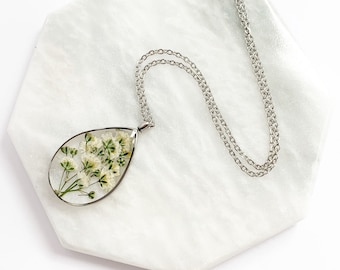 Pressed Flower Necklace, Baby’s Breath Pendant, Real Flower Jewelry, White Flower Necklace in Stainless Steel