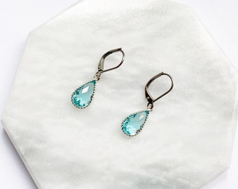 Turquoise Teardrop Earrings In Silver, Steel Pear Earrings with Lever Back Hypo Allergenic, December Birthstone, Blue Zircon