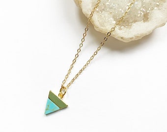 Turquoise Triangle Necklace In Gold, Small Turquoise Triangle, Howlite Marble, Delicate Everyday Necklace, Geometric Pointed Pendant